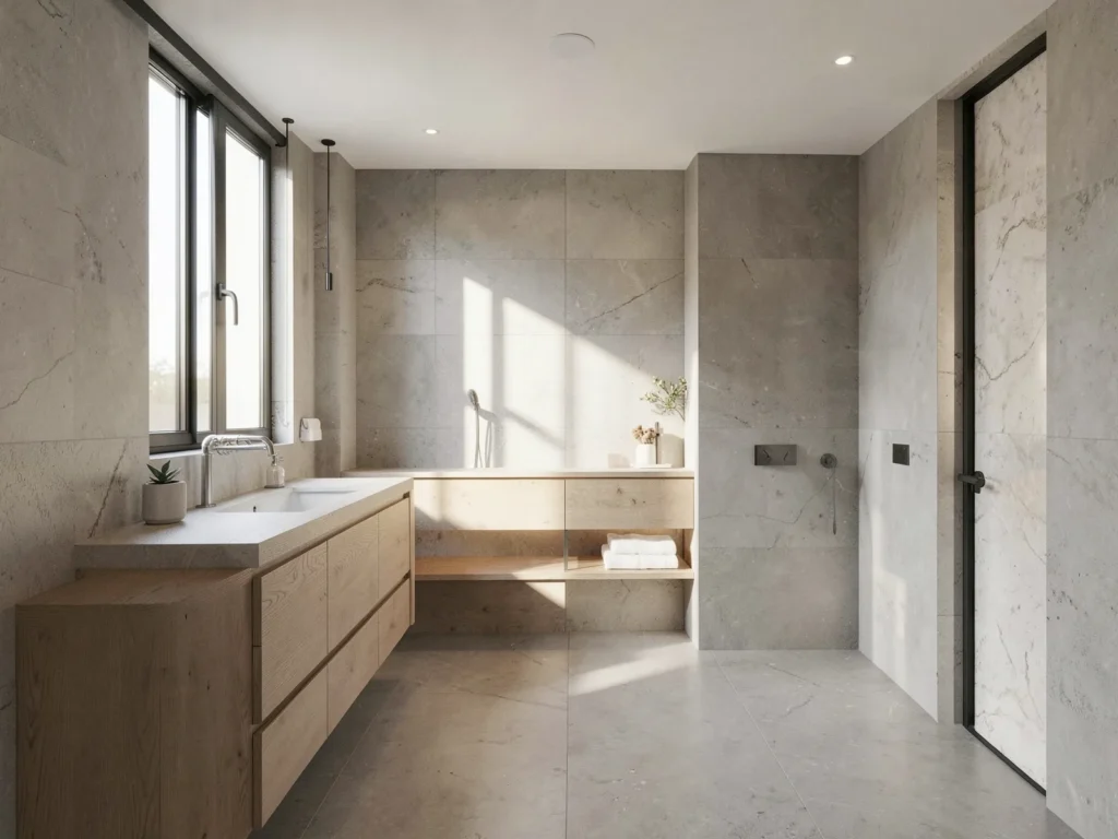 Baño reformado con ducha a ras de suelo y revestimiento de piedra clara
