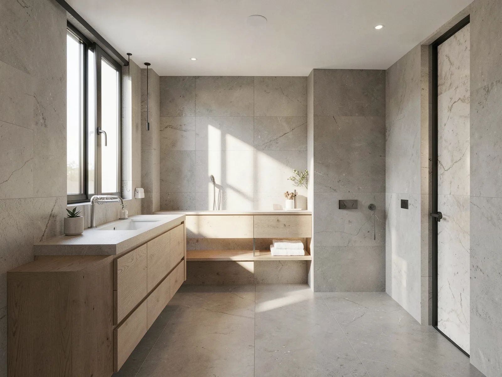 Baño reformado con ducha a ras de suelo y revestimiento de piedra clara