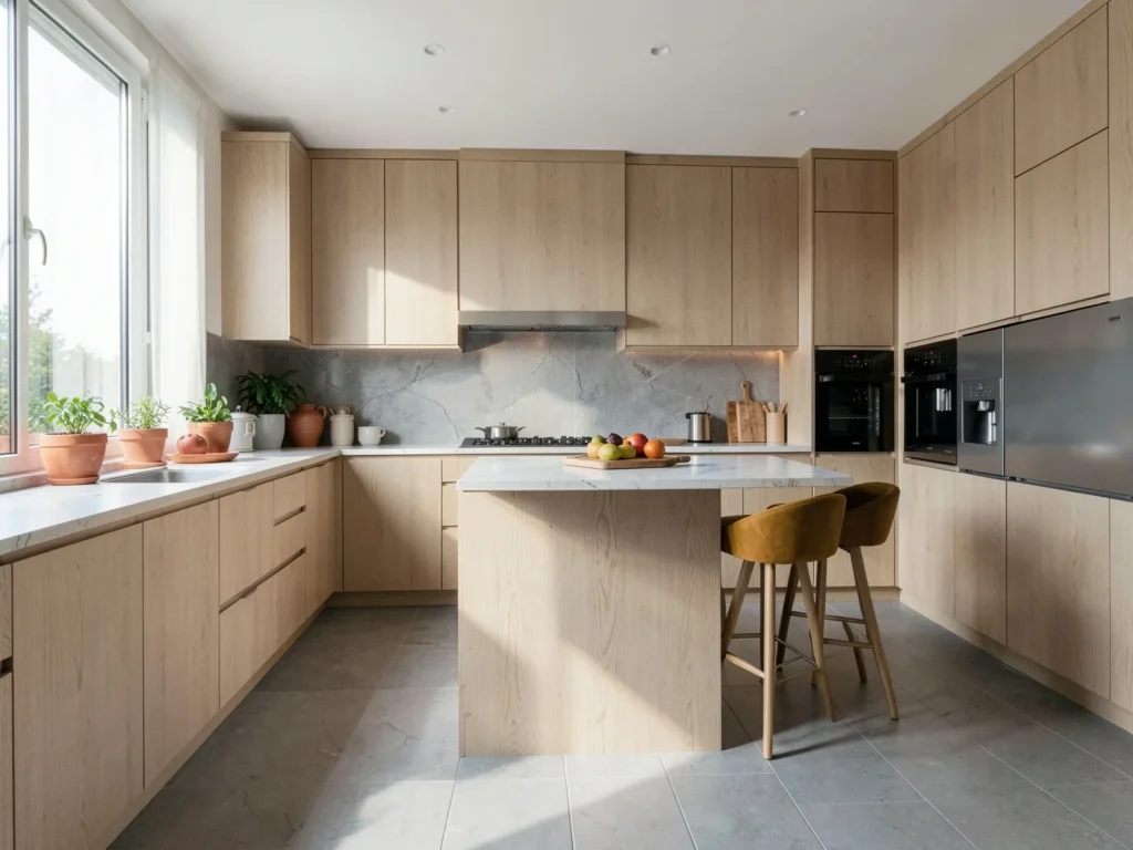 Cocina reformada con isla, frentes de madera clara y encimera de piedra