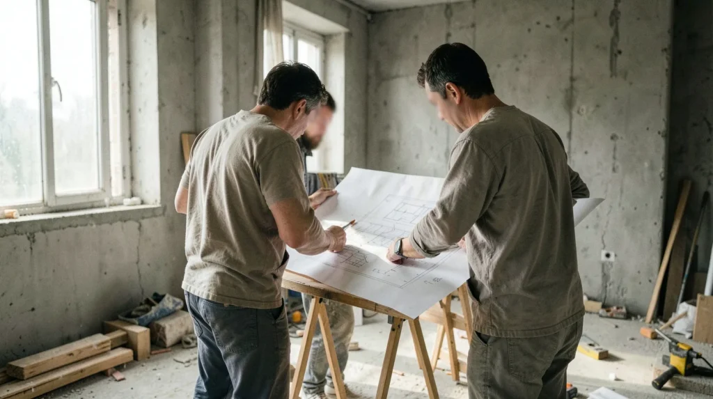 Dos operarios con ropa de trabajo revisan un plano en una vivienda en obra