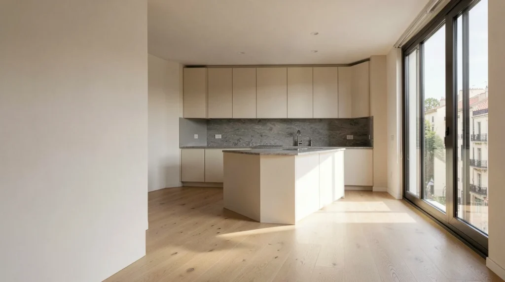 Cocina abierta al salón recién reformada, con isla y gran ventanal