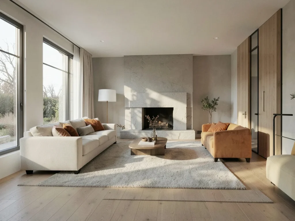 Salón reformado con sofá claro, chimenea y ventanales al jardín