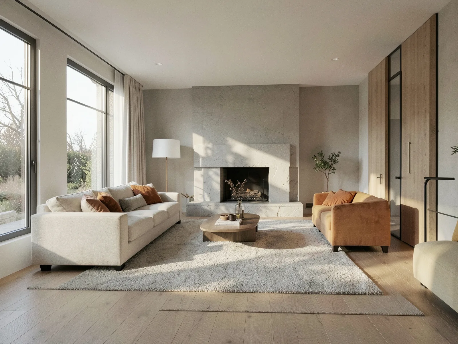 Salón reformado con sofá claro, chimenea y ventanales al jardín