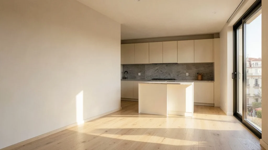 Cocina con isla y encimera de piedra en una vivienda reformada