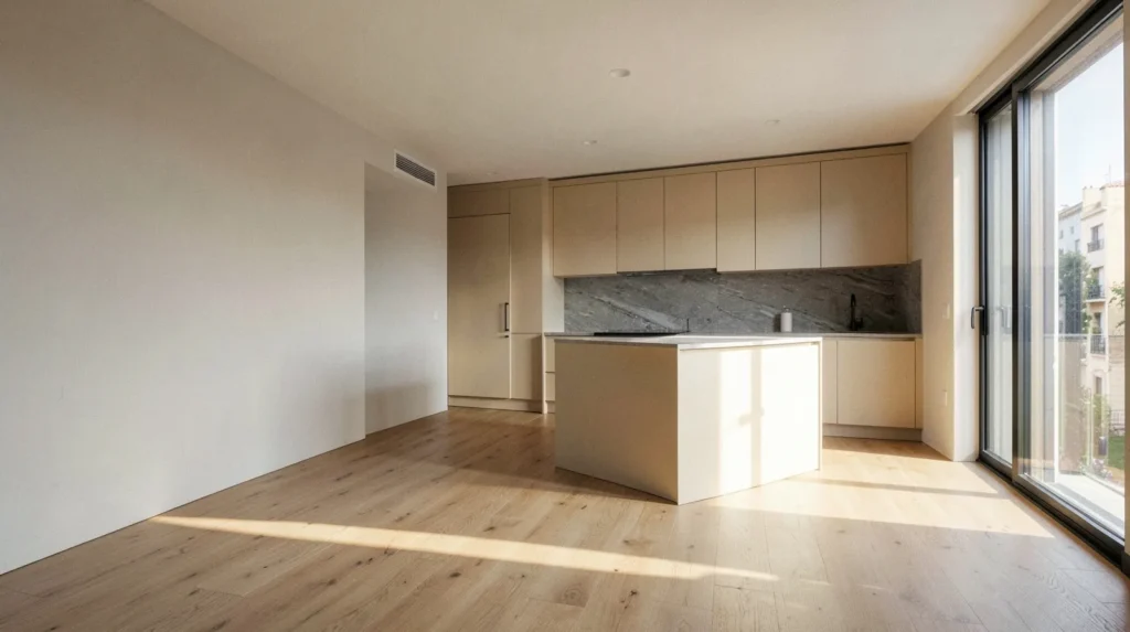 Vivienda vacía tras una reforma integral, con suelo de madera y cocina nueva